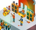 Concert scene. Isometric rock band singing people entertainment crowd vector concept