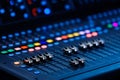 Concert sound mixer panel with volume regulators. Professional audio and light equipment for sound recording studio Royalty Free Stock Photo