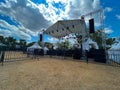 concert stage. Empty concert stage at an outdoor concert without audience, performers. concert stage on field Royalty Free Stock Photo