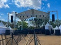 concert stage. Empty concert stage at an outdoor concert without audience, performers. concert stage on field Royalty Free Stock Photo