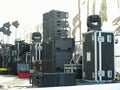 Concert stage equipment, speakers, amplifiers, lights, musical instruments