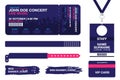 Concert ticket, bracelets, lanyards, identification card for access control to event. Festival wristband, web banners