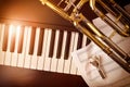 Concert for trombone and piano with instruments and sheet vintage Royalty Free Stock Photo