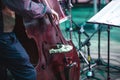 Concert view of a contrabass violoncello player with vocalist and musical during jazz orchestra band performing music,