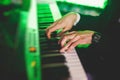 Concert view of a musical keyboard piano player during musical jazz band performing in the background