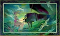 Concerto for Orchestra and Sea. Portrait of beautiful girl playing the piano in the fantasy environment. Oil painting on wood. Royalty Free Stock Photo