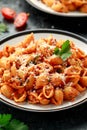 Conchiglie rigate pasta with chickpeas in tomato sauce with parmesan cheese. Healthy vegan food. Royalty Free Stock Photo