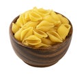 Conchiglie rigate pasta in wooden bowl isolated on white background Royalty Free Stock Photo