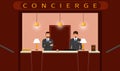 Concierge desk service. Front view of hotel concierge counter with two hotel employee.