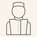 Concierge thin line icon. Hotel porter symbol, outline style pictogram on beige background. Bellboy in uniform sign for