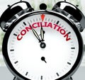 Conciliation soon, almost there, in short time - a clock symbolizes a reminder that Conciliation is near, will happen and finish