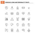 25 Concious Living And Personality Traits icon set. vector background