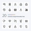 20 Concious Living And Personality Traits Line icon Pack like mind concentration heart balance mind