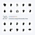 20 Concious Living And Personality Traits Solid Glyph icon Pack like mind key minded brain manipulate