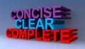 Concise clear complete on blue