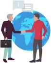Businessmen making deal, shaking hands, signing contract, agreeing on background of planet Royalty Free Stock Photo