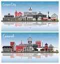 Concord New Hampshire and Carson City Nevada City Skylines Set with Color Buildings, Blue Sky and Reflections