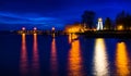 Concord Point Lighthouse and a pier at night in Havre de Grace Royalty Free Stock Photo