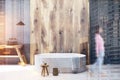 Concrete bathroom interior, tub toned