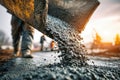 Pouring concrete at a construction site during sunset with workers preparing the foundation Royalty Free Stock Photo