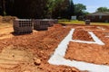 Concrete blocks delivered to construction site with foundation is ready for mounting a wall of cement blocks Royalty Free Stock Photo