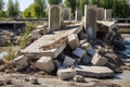 concrete bridge pillars surrounded by broken slabs and rubble