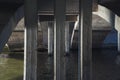 Concrete bridge supports, under the bridge over the river Royalty Free Stock Photo