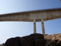 Concrete bridge under construction over a reservoir
