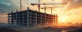 Concrete building frame with cranes at construction site. Workers build structure at sunrise. Urban development project Royalty Free Stock Photo
