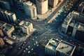 concrete buildings and steet traffic in large metropolitan city, aerial view of busy city street