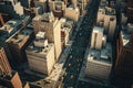 concrete buildings and steet traffic in large metropolitan city, aerial view of busy city street