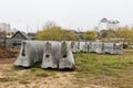 Concrete bumpers at a construction site. Chippers for traffic safety.