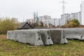 Concrete bumpers at a construction site. Chippers for traffic safety.