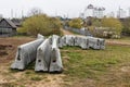 Concrete bumpers at a construction site. Chippers for traffic safety.