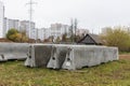 Concrete bumpers at a construction site. Chippers for traffic safety.