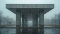Concrete bus station brutalist architecture under overcast sky. Building with massive pillars, horizontal construction. Wet Royalty Free Stock Photo