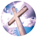Concrete christian cross against a dramatic cloudy sky - - Round icon concept image - Photography in a circle