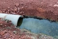 Concrete circular run-off pipe discharging water. sewage pipe polluting the river. Sewage or domestic wastewater or municipal wast