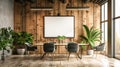 Concrete conference room interior with table, chairs, blank whiteboard.Generative AI Royalty Free Stock Photo