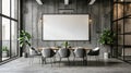 Concrete conference room interior with table, chairs, blank whiteboard.Generative AI Royalty Free Stock Photo