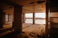 Interior construction of housing project with drywall installed and patched without painting applied Royalty Free Stock Photo