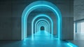 Concrete corridor background, dark garage with lines of blue led light, interior of modern white hall. Concept of studio, hallway Royalty Free Stock Photo