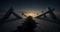 Concrete crosses split by a dramatic chasm at sunset Royalty Free Stock Photo