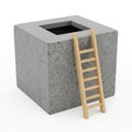Concrete Cube With Square Opening And Wooden Ladder On White Background hole Royalty Free Stock Photo
