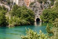 Concrete Dam among the rocks. Reservoir, hydroelectric power plant, clean electricity