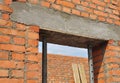 Concrete door lintel installation with metal holders. Door concrete lintel on brick unfinished house construction. Royalty Free Stock Photo