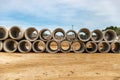 Concrete drainage pipes on contruction site of new home development Royalty Free Stock Photo