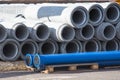 Concrete drainage sewer, gutters pipes for industrial building construction Royalty Free Stock Photo