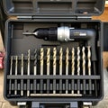 A concrete drill set with a variety of bit sizes displayed in a clean organized toolbox