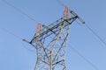 A concrete electric pole with steel cables in blue sky